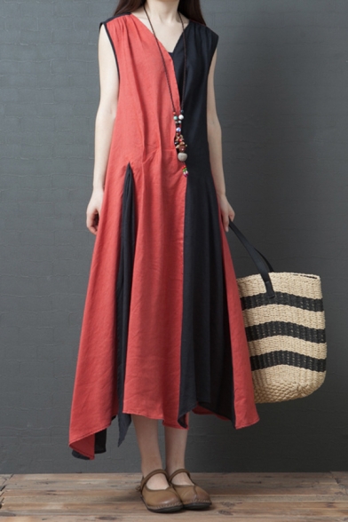 New Trendy Ladies Sleeveless V-Neck Color Block Cotton and Linen Long Flowy Tank Dress