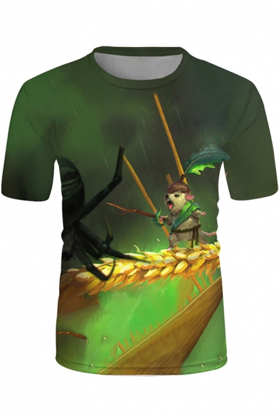 Popular Green Short Sleeve Crew Neck Cartoon Mouse 3D Pattern Fitted Tee Top for Mens