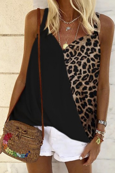 Popular Sexy Womens Sleeveless V-Neck Leopard Printed Patchwork Loose Fit Cami Top in White