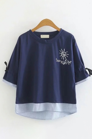 Preppy Girls Bow Tied Sleeves Round Neck Letter SUNSHINE Sun Embroidered Stripe Panel Curved Hem Relaxed T Shirt