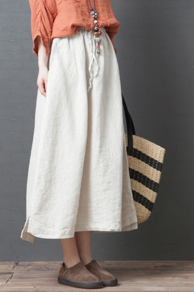 

Retro Style Womens Drawstring Waist Linen Solid Color Slit Sides Maxi A-Line Skirt in White, LM607677