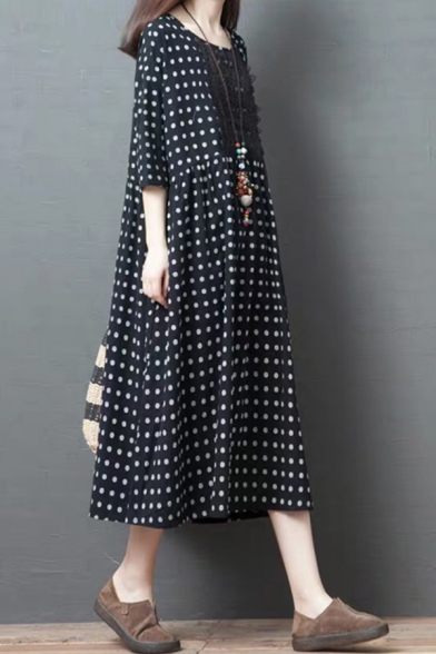 Retro Womens Three-Quarter Sleeve Round Neck Polka Dot Printed Lace Patched Linen and Cotton Maxi Swing Dress