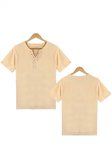 Simple Khaki Short Sleeve V-Neck Lace Up Front Relaxed Fitted Tee Top for Mens
