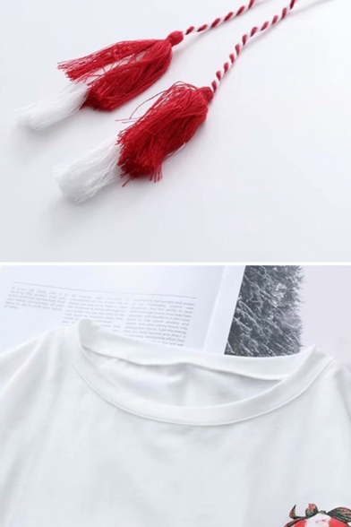 Vintage Short Sleeve Round Neck Japanese Letter Strawberry Graphic Fringe Decoration Loose T Shirt for Girls