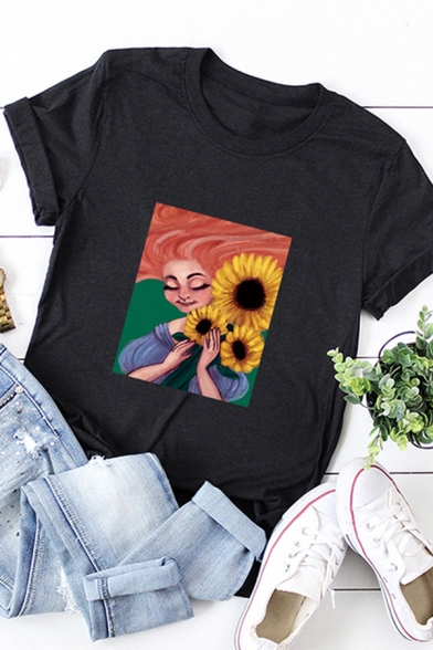 Basic Summer Girls Rolled Short Sleeve Crew Neck Cartoon Girl Sunflower Printed Regular Fit T Shirt