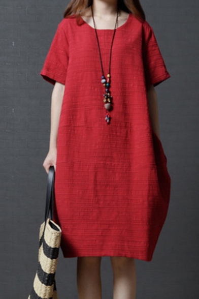 Casual Basic Short Sleeve Round Neck Solid Color Linen and Cotton Midi Oversize Dress for Women