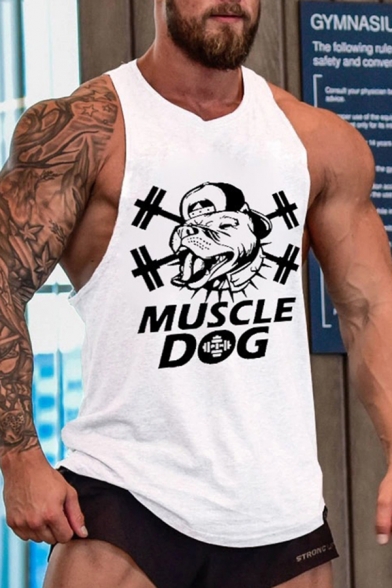 Casual Fashion Bodybuilding Mens Sleeveless Crew Neck Letter MUSCLE DOG Dog Graphic Relaxed Tank Top