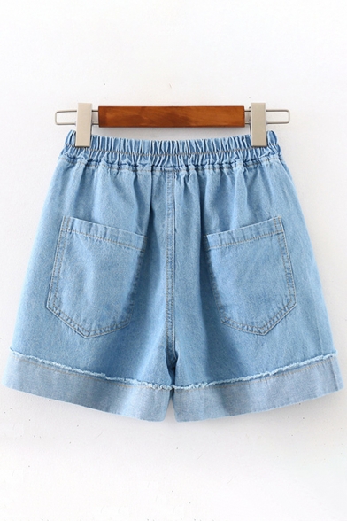 Casual Womens Elastic Waist Dog Embroidered Rolled Edge Relaxed Fit Denim Shorts