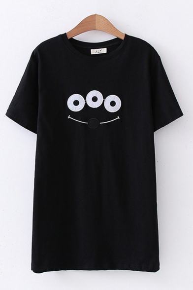 Casual Womens Short Sleeve Round Neck Cartoon Face Embroidered Loose Fit T-Shirt