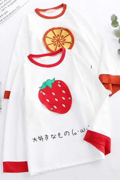 Chic Fashionable Girls Long Sleeve Round Neck Strawberry Lemon Patchwork Japanese Letter Contrasted Piped Relaxed Tee