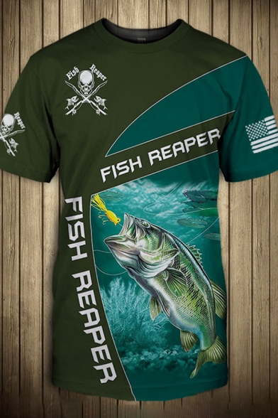Chic Street Mens Short Sleeve Crew Neck Letter FISH REAPER Fish Skull Graphic Color Block Long Loose Fit T Shirt