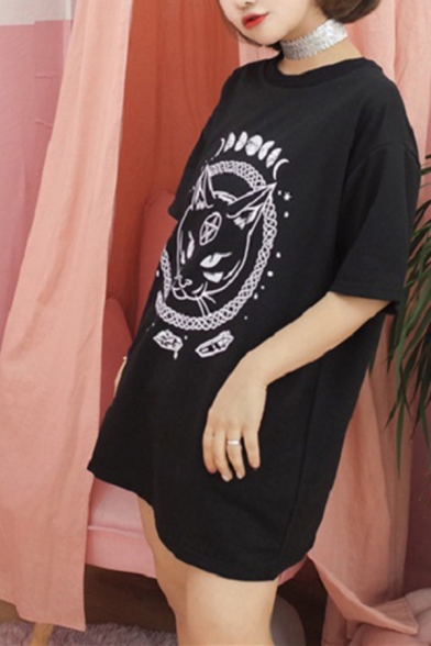Cool Popular Girls Black Short Sleeve Crew Neck Cat Patterned Oversize T Shirt