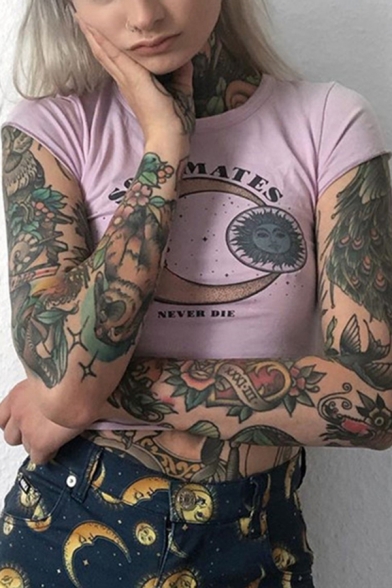 Fancy Girls Pink Short Sleeve Crew Neck Letter SOULMATES Cartoon Moon and Sun Print Stringy Selvedge Fit Crop Graphic Tee