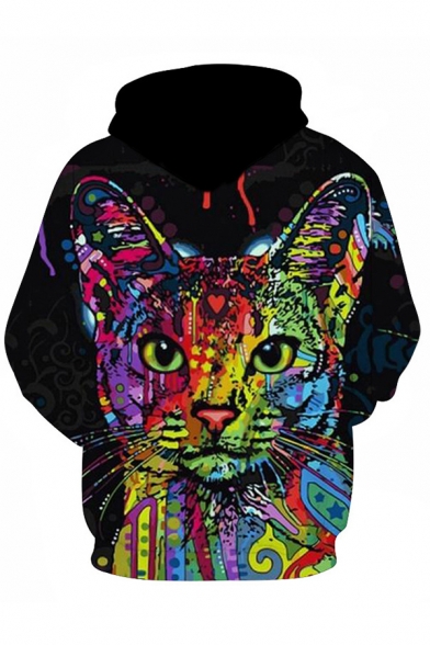 Fashionable Cute Boys Long Sleeve Drawstring Cat 3D Print Loose Fit Hoodie with Pocket
