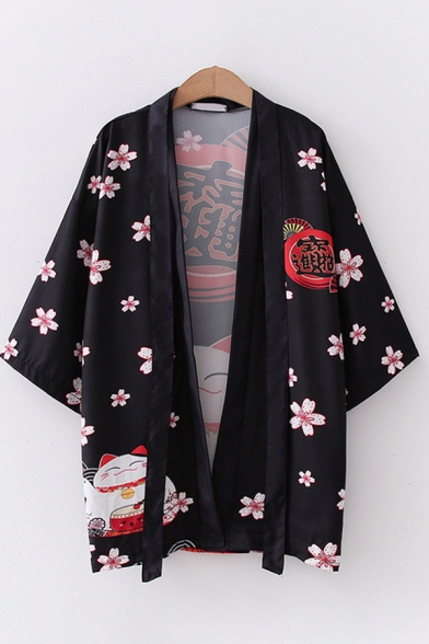 Fashionable Girls Three-Quarter Sleeve Straps Letter Cat Floral All Over Print Loose Fit Kimono Sun Protection Cardigan