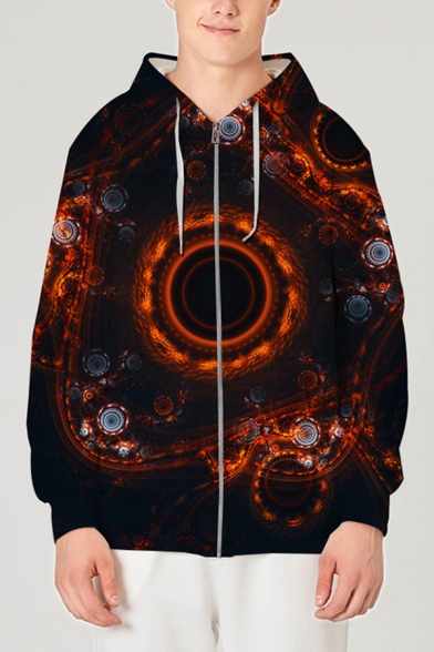 Fashionable Mens Long Sleeve Drawstring Abstract Geo 3D Printed Relaxed Fit Hoodie in Black