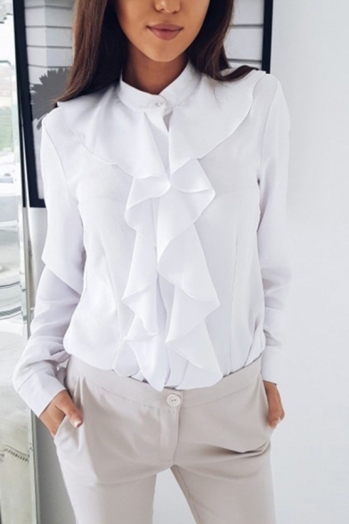 Formal Womens Long Sleeve Stand Collar Button Down Ruffled Trim Plain Relaxed Blouse