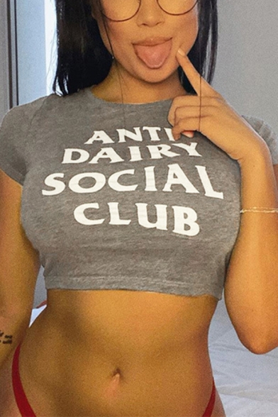 Hot Trendy Ladies Short Sleeve Crew Neck Letter ANTI DAIRY SOCIAL CLUB Slim Fit Crop T Shirt in Gray