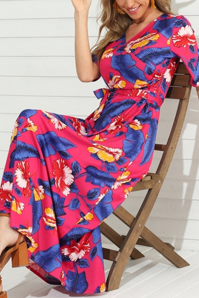 Leisure Summer Ladies Short Sleeve V-Neck All Over Floral Print Bow Tie Waist Maxi A-Line Dress