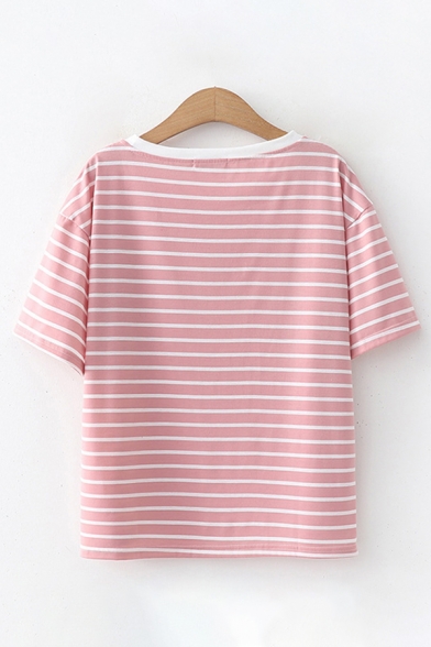 Leisure Womens Short Sleeve Round Neck Cartoon Stripe Pattern Contrasted Relaxed Tee