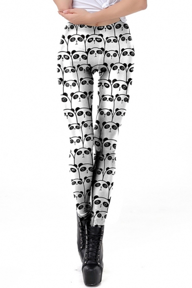 Lovely Athletic Womens Mid Waist All Over Panda Print Ankle Length Stretchy Slim Fit Leggings