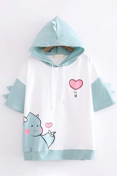 

Lovely Girls Short Sleeve Dinosaur Heart Print Chinese Letter Color Block Drawstring Relaxed Fit Hoodie, Green;pink;gray, LC606953