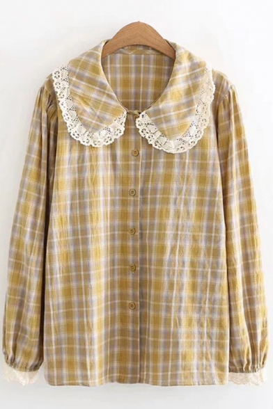 Lovely Popular Girls Long Sleeve Peter Pan Collar Lace Trim Button Down Plaid Printed Relaxed Fit Blouse