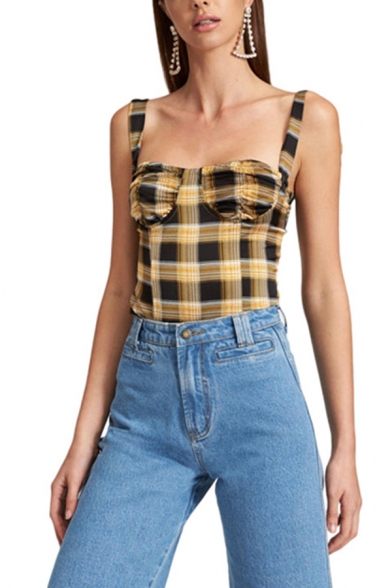 Popular Womens Sleeveless Bow Tie Shoulder Plaid Printed Ruched Slim Fit Cami Top in Yellow