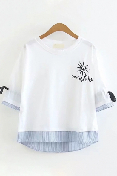 Preppy Girls Bow Tied Sleeves Round Neck Letter SUNSHINE Sun Embroidered Stripe Panel Curved Hem Relaxed T Shirt
