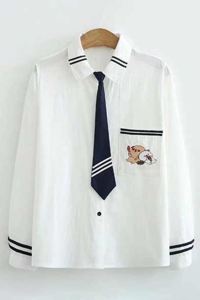 Preppy Girls Long Sleeve Lapel Neck Button Up Cat Embroidery Pocket Panel Varsity Striped Relaxed Fit White Shirt with Tie