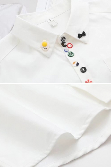 Preppy Girls Long Sleeve Lapel Neck Cartoon Button Down Pocket Glasses Embroidered Relaxed Fit Shirt