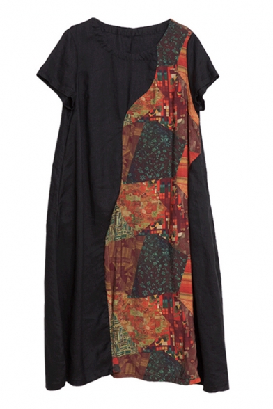 Retro Style Womens Short Sleeve Round Neck Flower Patterned Patched Cotton and Linen Maxi Oversize Dress in Black