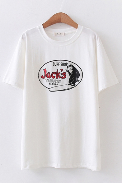 Basic Fashion Womens Short Sleeve Round Neck Letter JACK'S Cartoon Graphic Relaxed Fit T-Shirt