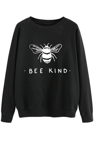 Casual Womens Long Sleeve Round Neck BEE KIND Letter Bee Print Relaxed Pullover Graphic Sweatshirt