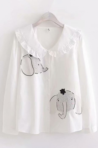 Cute Fancy White Long Sleeve Peter Pan Collar Button Down Elephant Pattern Regular Fit Shirt for Girls