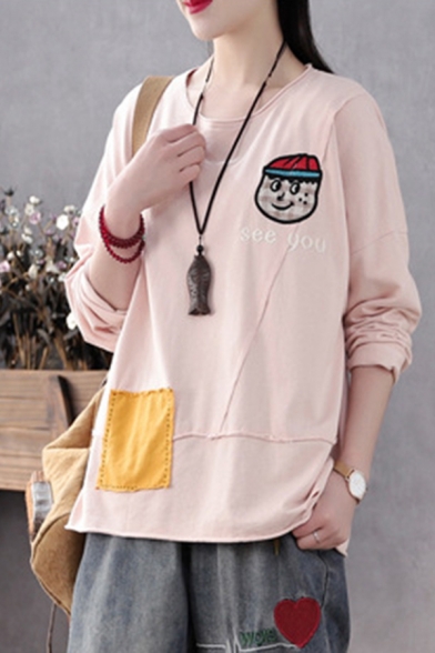 Cute Popular Girls Long Sleeve Round Neck Letter SEE YOU Cartoon Embroidered Patched Color Block Roll Edge Relaxed Tee Top