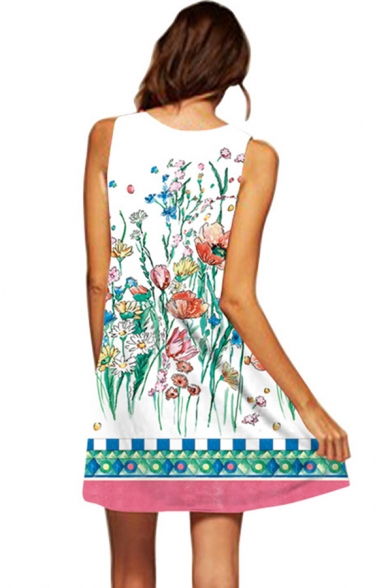 Designer Girls Sleeveless Round Neck Flower Wave Pattern Short A-Line Tank Dress in Blue