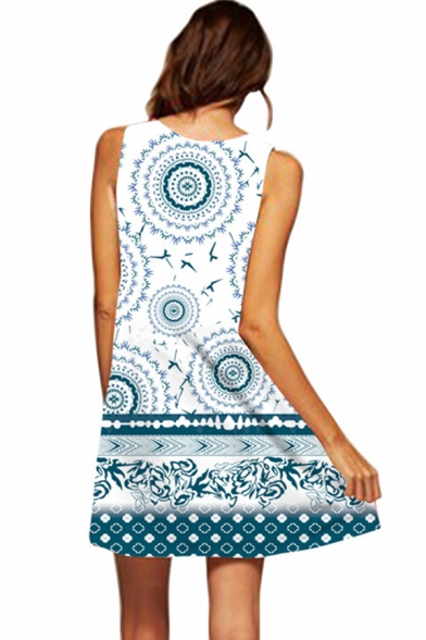 Designer Girls Sleeveless Round Neck Flower Wave Pattern Short A-Line Tank Dress in Blue