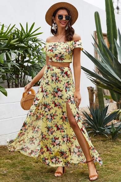 Gorgeous Womens Short Sleeve Off the Shoulder All Over Flower Print Slim Fit Top & Slit Sides Maxi A-Line Skirt Two Piece Sets in Yellow