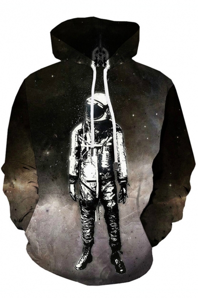 ool Guys Black Long Sleeve Drawstring 3D Astronaut Universe Printed Kangaroo Pocket Relaxed Fit Hoodie in Black