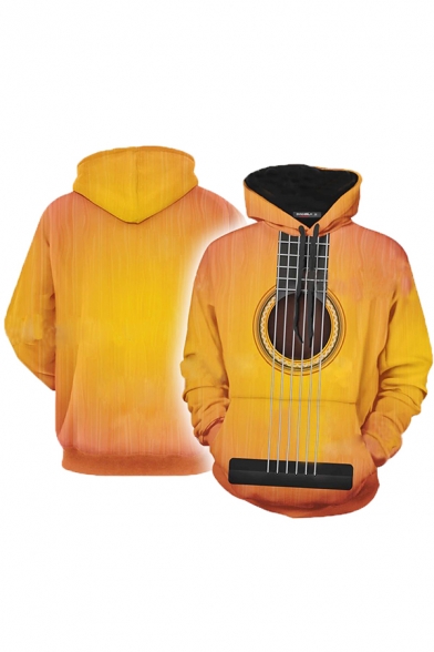 Popular Chic Guys Yellow Long Sleeve Drawstring 3D Guitar Pattern Pouch Pocket Loose Hoodie