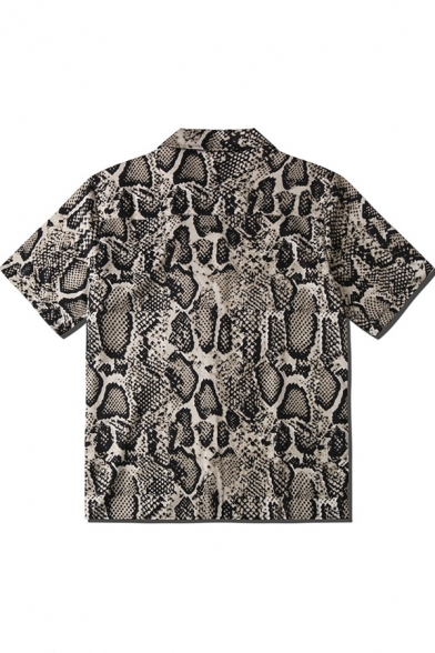 Popular Mens Short Sleeve Lapel Neck Button Down Snake Pattern Regular Fit Shirt in Brown