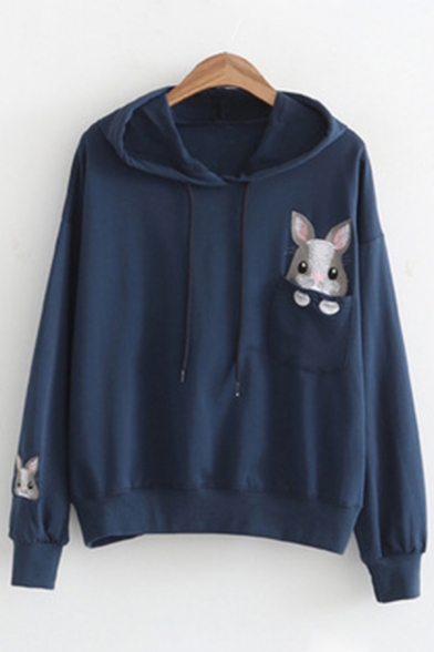 Popular Womens Long Sleeve Drawstring Rabbit Embroidery Relaxed Fit Hoodie