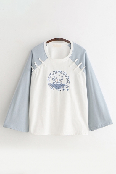 Preppy Girls Bell Sleeves Round Neck Frog Button Kitty Fish Printed Color Blocked Loose Fit Tee Top