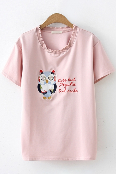 

Preppy Girls Short Sleeve Round Neck Letter CUTE BUT PSYCHO BUT CUTE Owl Embroidered Stringy Selvedge Loose Fit T Shirt, Blue;pink;white, LM612012