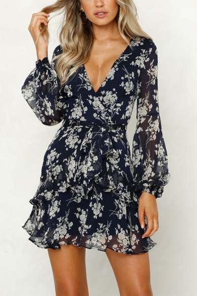 Pretty Girls Blouson Sleeve V-Neck Allover Floral Pattern Bow Tie Waist Tiered Semi-Sheer Mesh Mini Pleated A-Line Dress