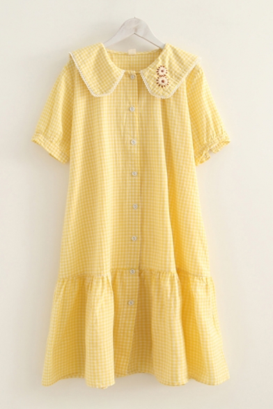Pretty Girls Short Sleeve Peter Pan Collar Button Down Floral Embroidered Plaid Print Ruffled Long Swing Dress