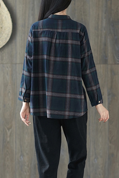 Retro Girls Long Sleeve Lapel Collar Button Up Plaid Printed Linen and Cotton Loose Fit Shirt in Blue