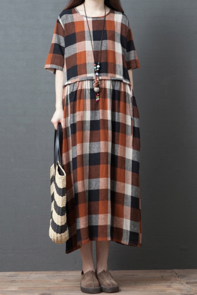 Retro Womens Short Sleeve Round Neck Checker Printed Cotton and Linen Long Swing Dress in Coffee