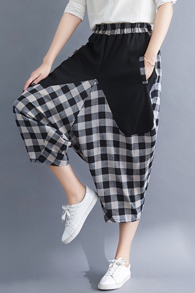 

Streetwear Girls Elastic Waist Plaid Printed Color Block Cotton and Linen Cropped Baggy Sarouel Trousers, Black;orange, LM607587